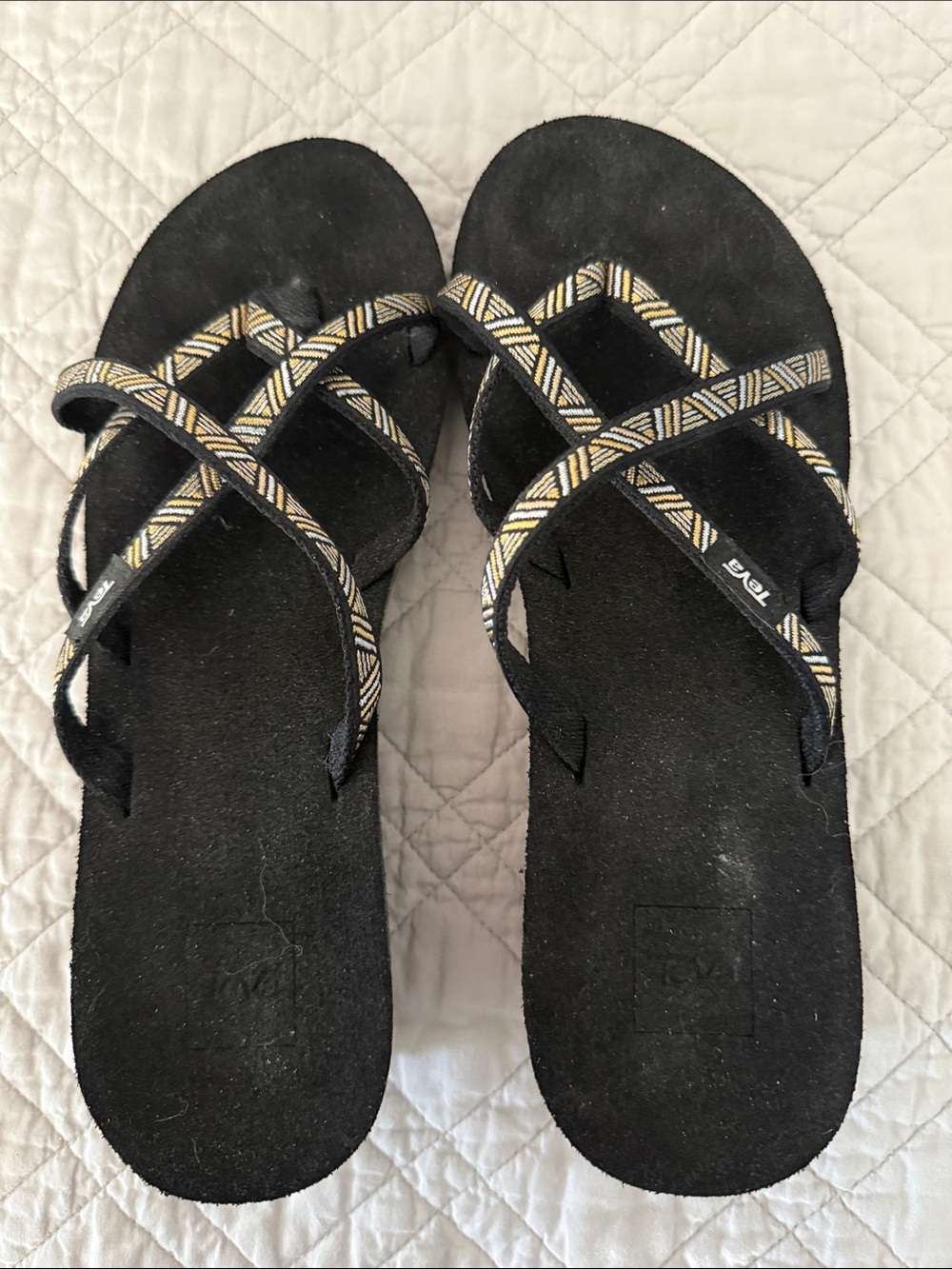 Teva Black Slide Sandals with Tan and Cream Patterned Straps